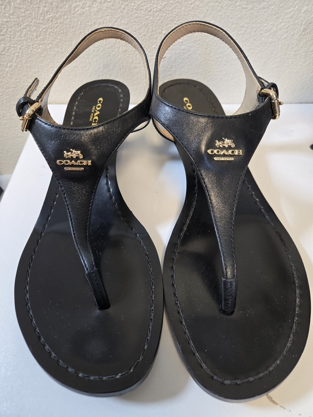 COACH Women's Black Leather T-Strap Sandals